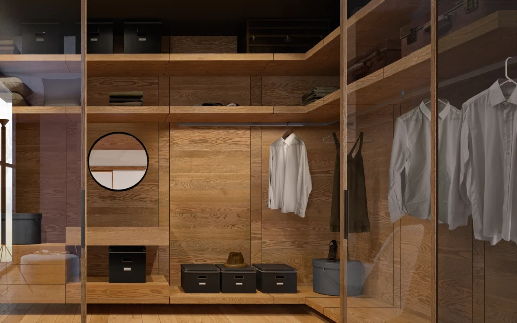 moderner kleiderschrank im loftstil mit dunkler holzoptik